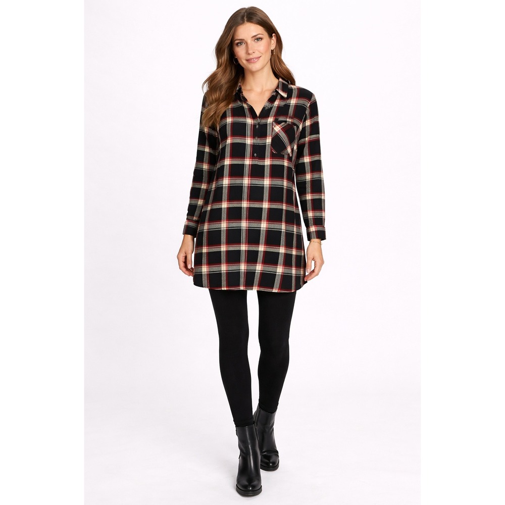 J. Jill Plaid Tunic Shirt XL‎ Black Red Checkered Henley Long Sleeve Casual Top